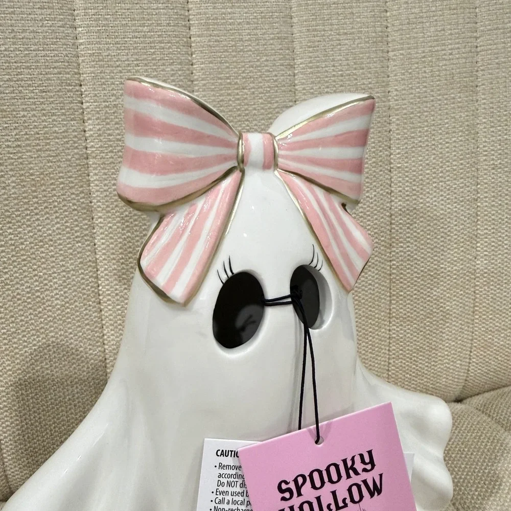 NWT LED Spooky Hollow Ghost Halloween Figurine Ceramic Light Up Stripe Bow Decor